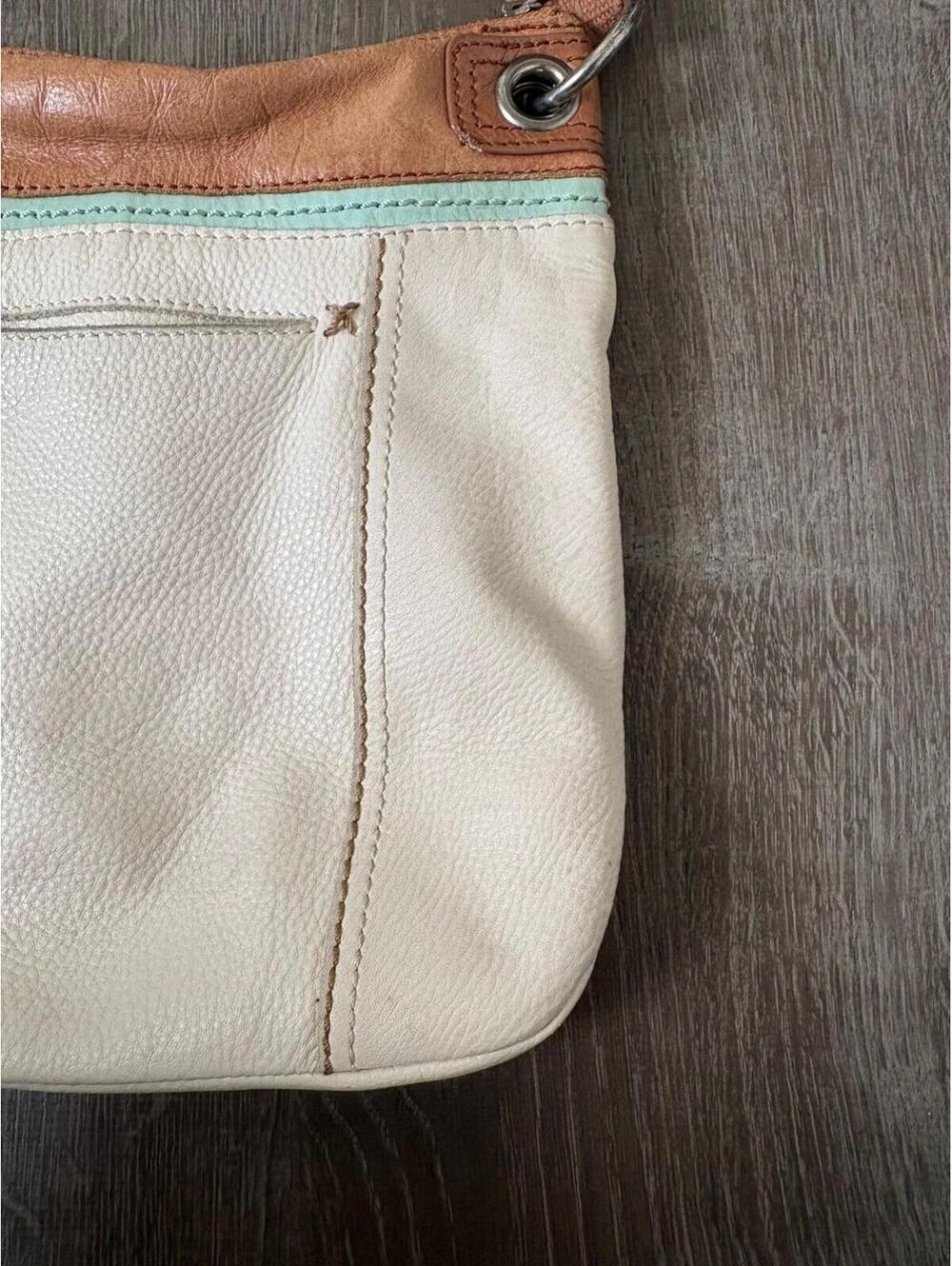 The Sak Vintage “Kendra” Tan Taupe Brown Trim Leather Crossbody Purse Bag Boho - Picture 6 of 9